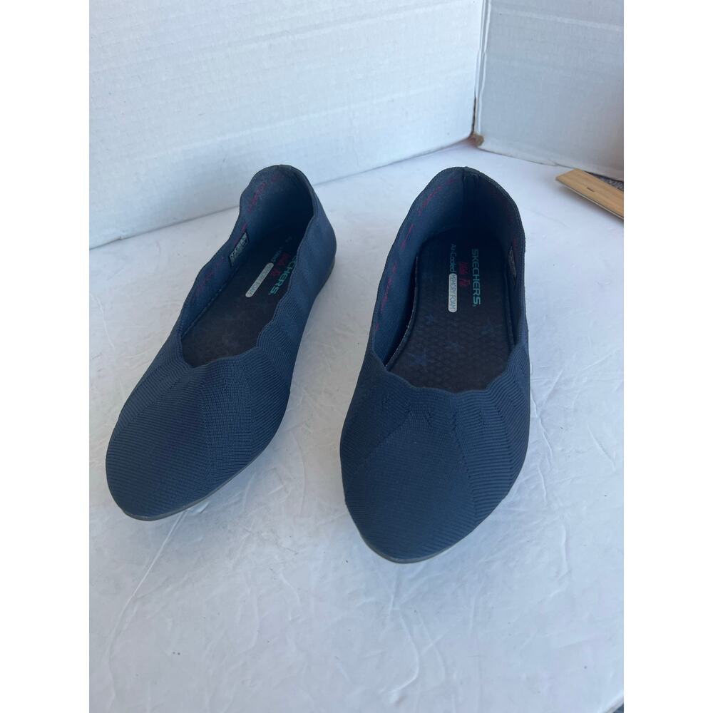 Skechers Cleo Blue Scalloped Wide‎ Fit Memory Foam Fabric Slip On Flat Shoes 9
